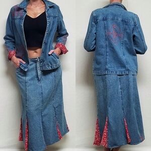 𝅺VINTAGE OOAK Mirasol Stone Wash Denim Red Bandana Jacket Maxi Skirt Outfit S-L
